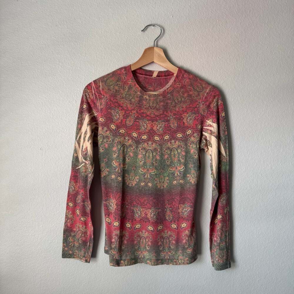 Y2K Paisley Mesh Long Sleeve Top Red Green Sheer Tattoo Print Fitted